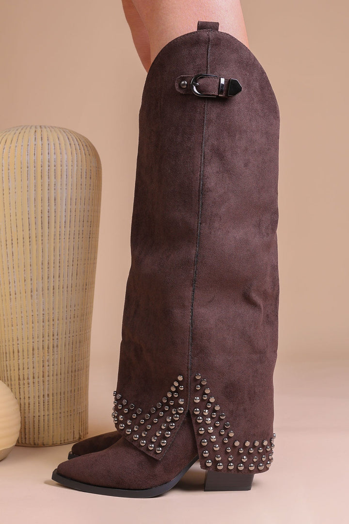 Bottes Hautes Femme Noires En Similicuir Avec Boucle Et Clous – Modèle Shark Tendance Pour La Saison Automne Hiver