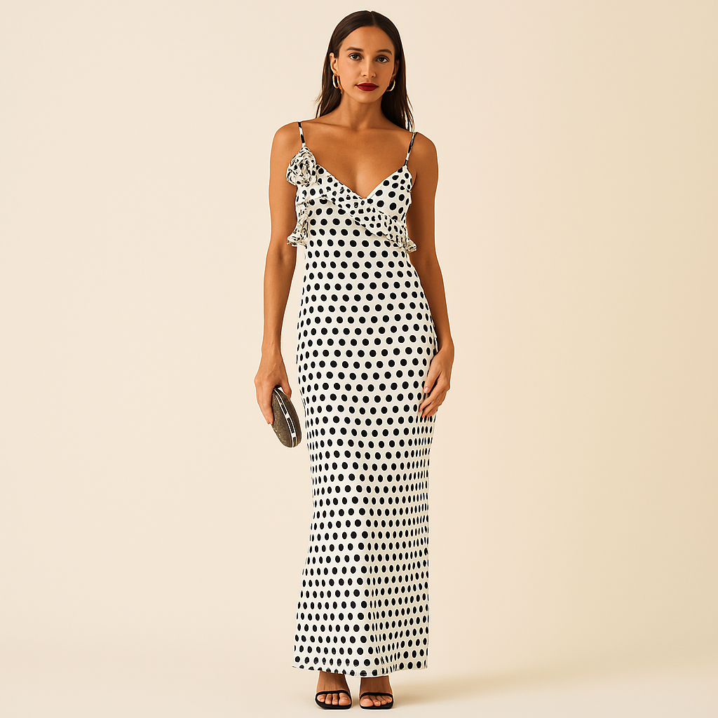 Robe Longue à Pois – Coupe Fluide & Style Rétro Chic d’Été