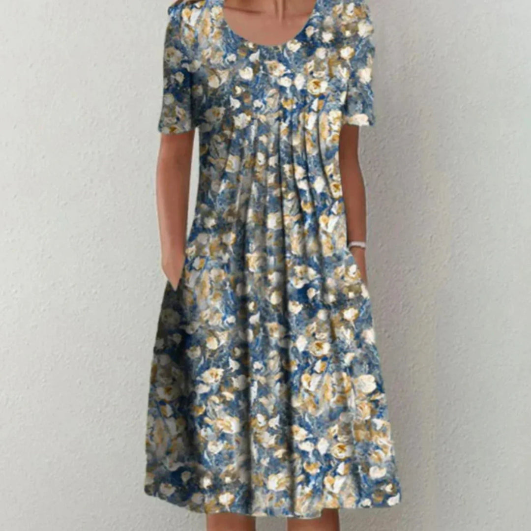 Bonbon | Robe Mi-Longue Fleurie à Manches Courtes avec Plis pour Femmes