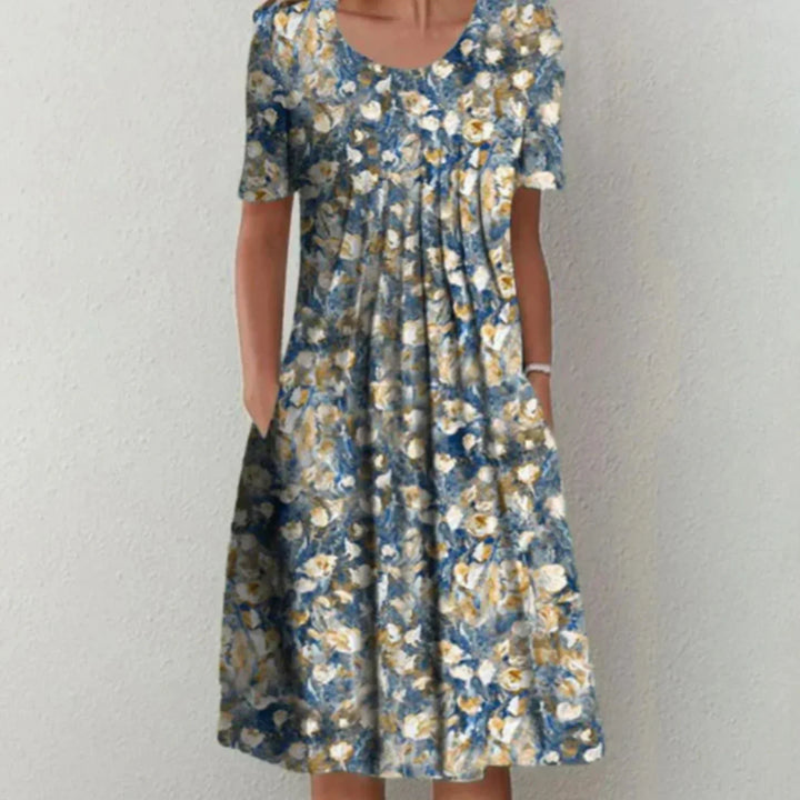 Bonbon | Robe Mi-Longue Fleurie à Manches Courtes avec Plis pour Femmes