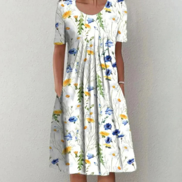 Bonbon | Robe Mi-Longue Fleurie à Manches Courtes avec Plis pour Femmes