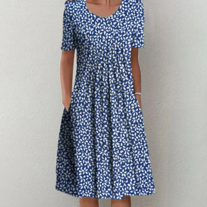Bonbon | Robe Mi-Longue Fleurie à Manches Courtes avec Plis pour Femmes