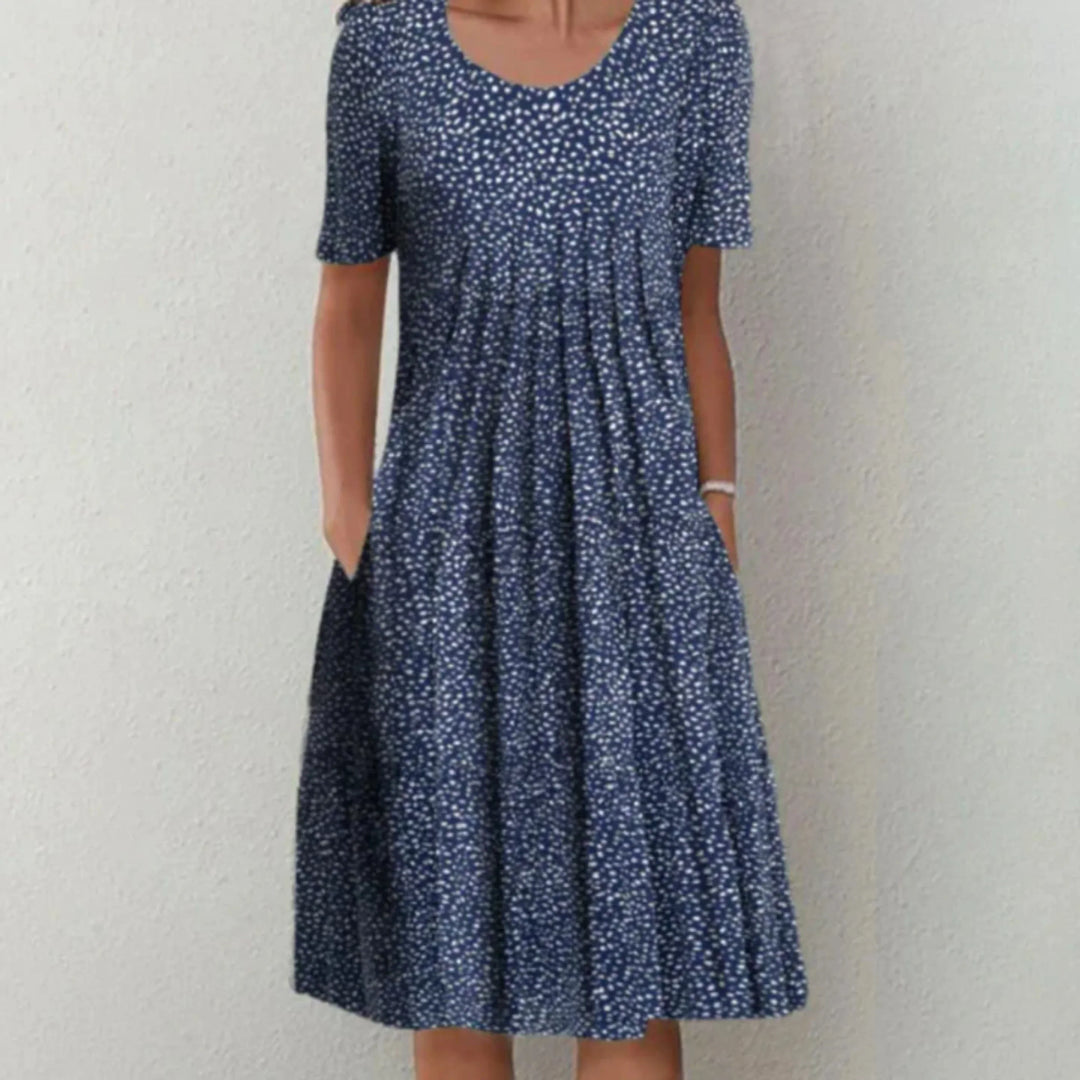 Bonbon | Robe Mi-Longue Fleurie à Manches Courtes avec Plis pour Femmes