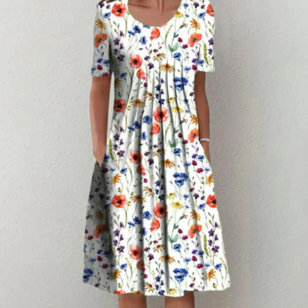 Bonbon | Robe Mi-Longue Fleurie à Manches Courtes avec Plis pour Femmes