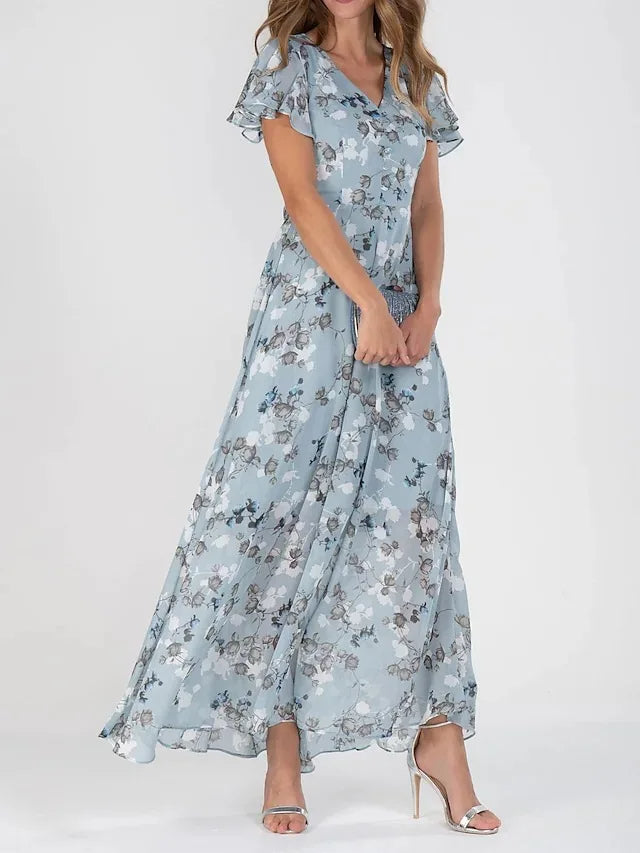 Robe Longue Fleurie Bleue – Style Bohème & Tissu Fluide