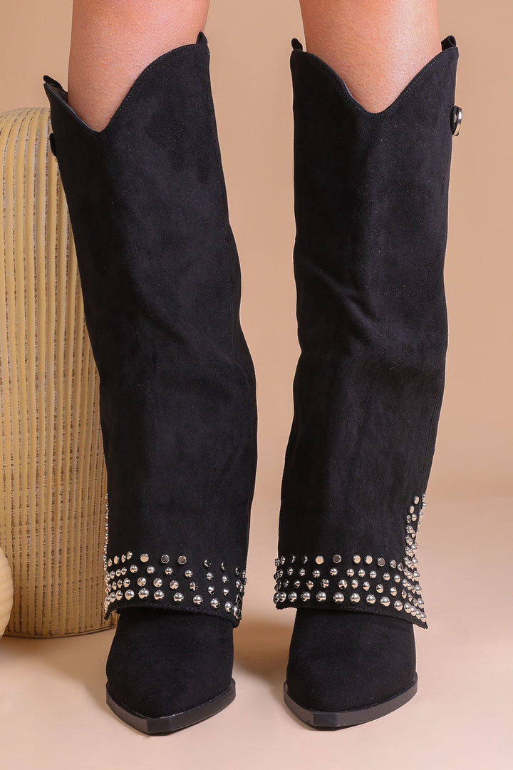 Bottes Hautes Femme Noires En Similicuir Avec Boucle Et Clous – Modèle Shark Tendance Pour La Saison Automne Hiver