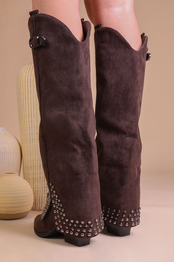 Bottes Hautes Femme Noires En Similicuir Avec Boucle Et Clous – Modèle Shark Tendance Pour La Saison Automne Hiver