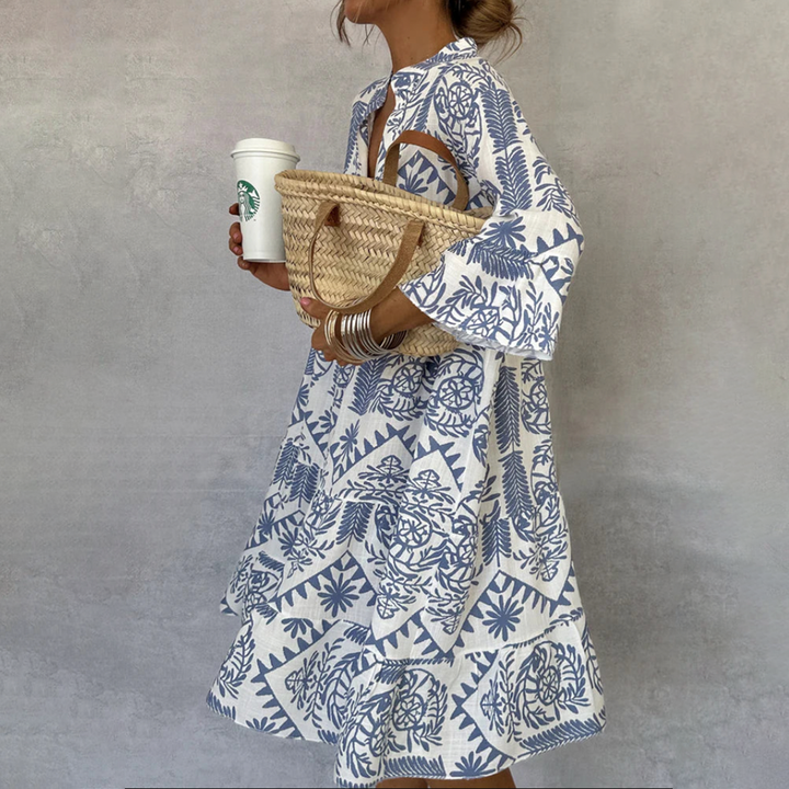 Robe Bohème Imprimée – Bleu & Blanc au Style Méditerranéen