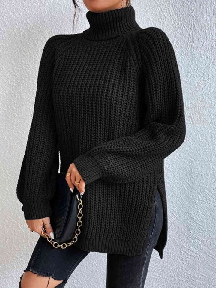 Pull Fendu À Col Roulé En Maille Côtelée Pour Femmes – Tricot Chic Automne/Hiver