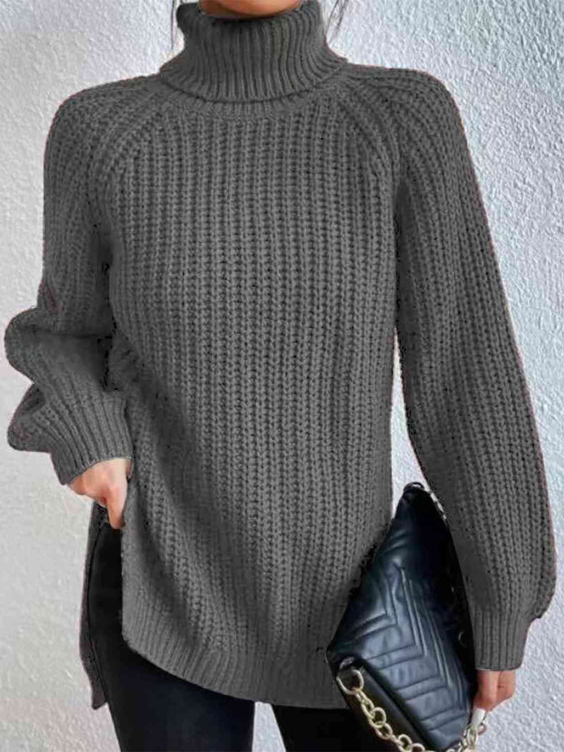 Pull Fendu À Col Roulé En Maille Côtelée Pour Femmes – Tricot Chic Automne/Hiver
