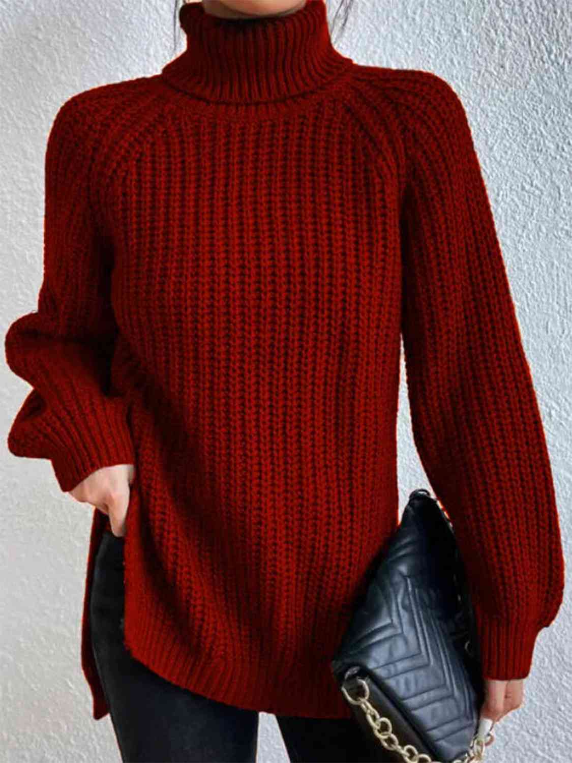 Pull Fendu À Col Roulé En Maille Côtelée Pour Femmes – Tricot Chic Automne/Hiver
