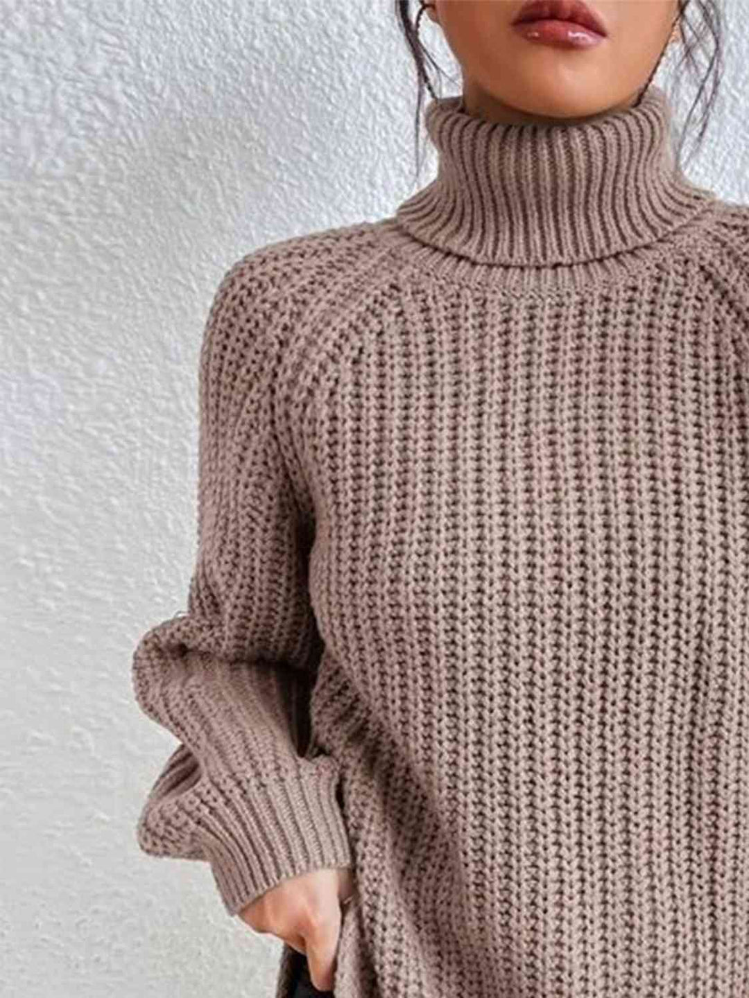 Pull Fendu À Col Roulé En Maille Côtelée Pour Femmes – Tricot Chic Automne/Hiver