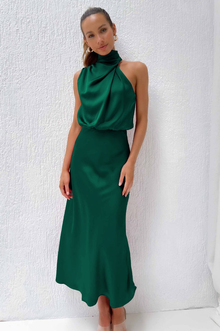 Nina | Robe midi satinée à col halter pour femmes