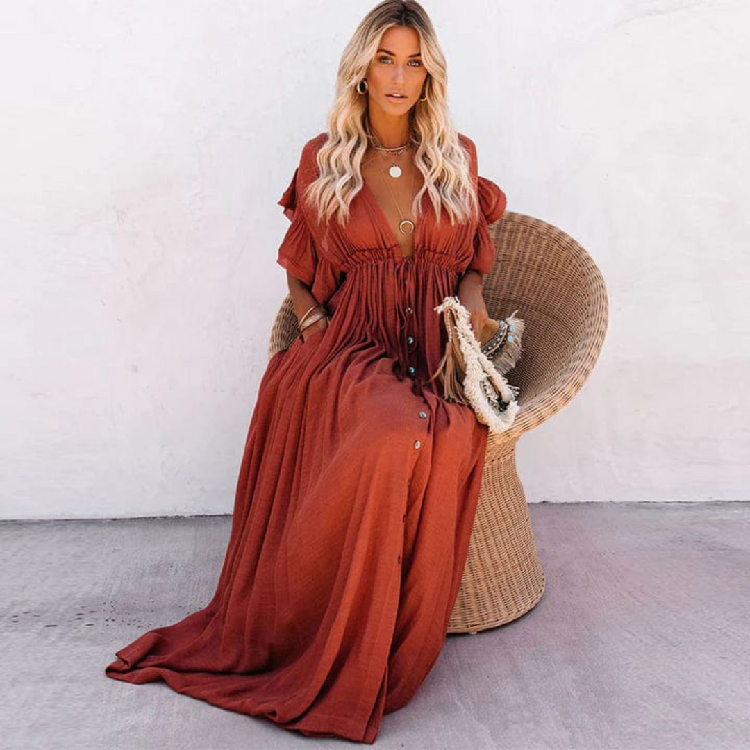Elain | Robe Maxi Plissée avec Boutons pour Femme