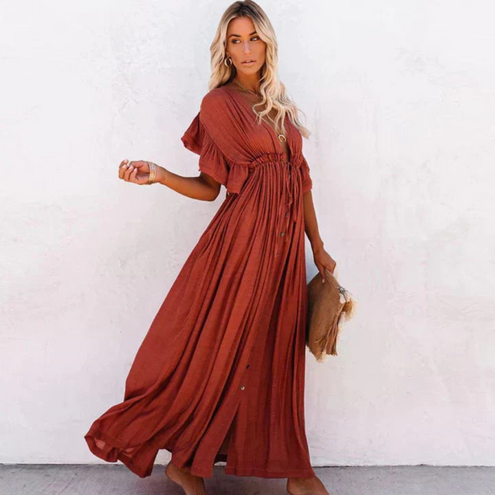 Elain | Robe Maxi Plissée avec Boutons pour Femme