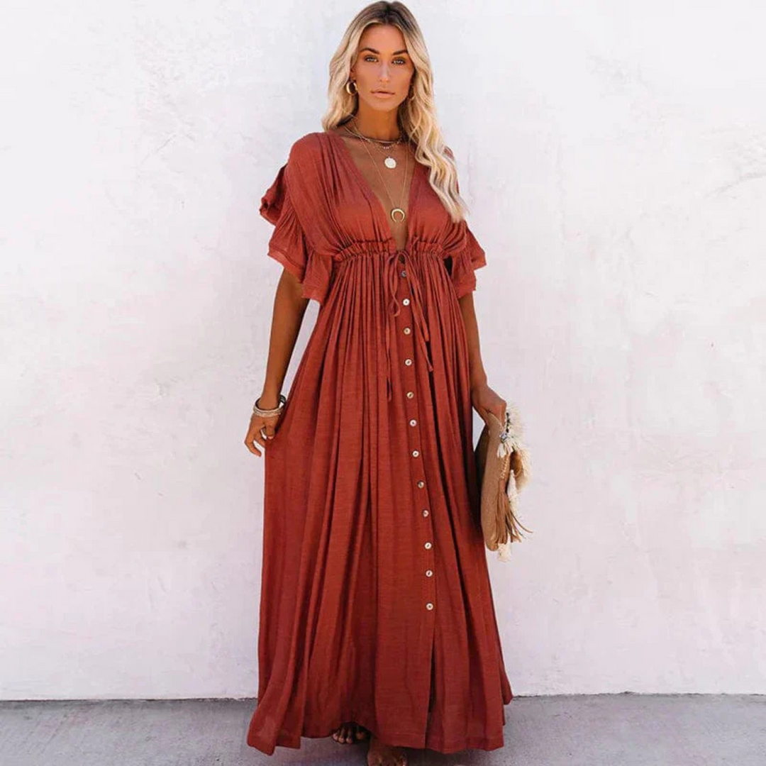 Elain | Robe Maxi Plissée avec Boutons pour Femme