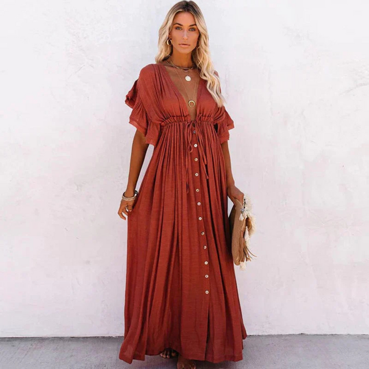 Elain | Robe Maxi Plissée avec Boutons pour Femme