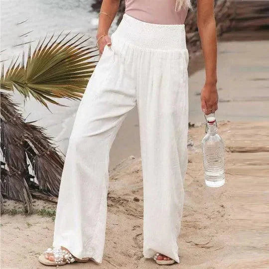Auréva | Pantalon Large Taille Haute Élastique Fluide Bohème Été Pour Femme
