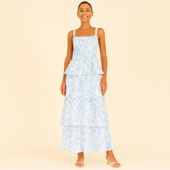 Robe Longue Volantée – Bleu Ciel & Légèreté d’Été
