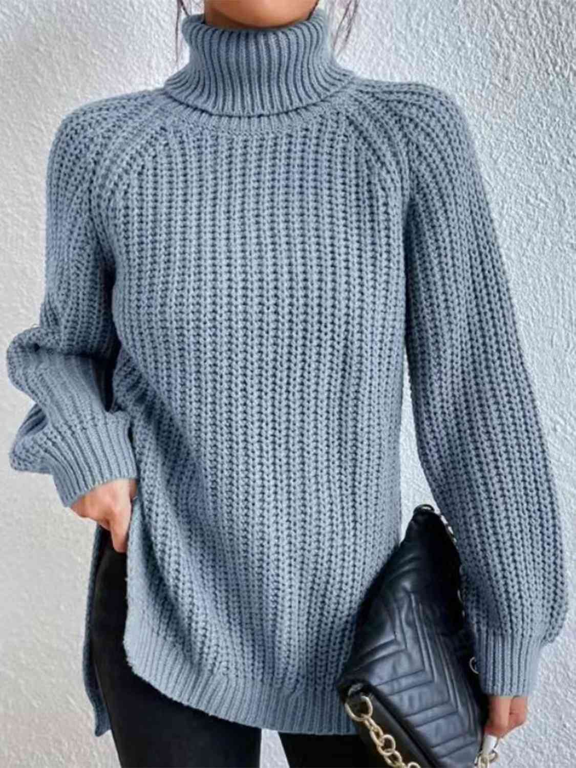 Pull Fendu À Col Roulé En Maille Côtelée Pour Femmes – Tricot Chic Automne/Hiver