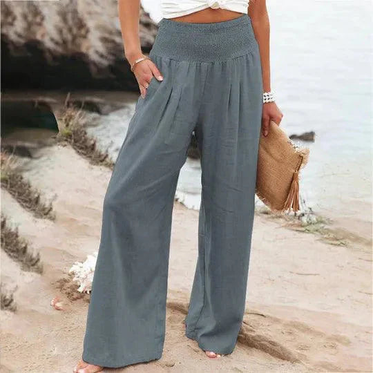 Auréva | Pantalon Large Taille Haute Élastique Fluide Bohème Été Pour Femme