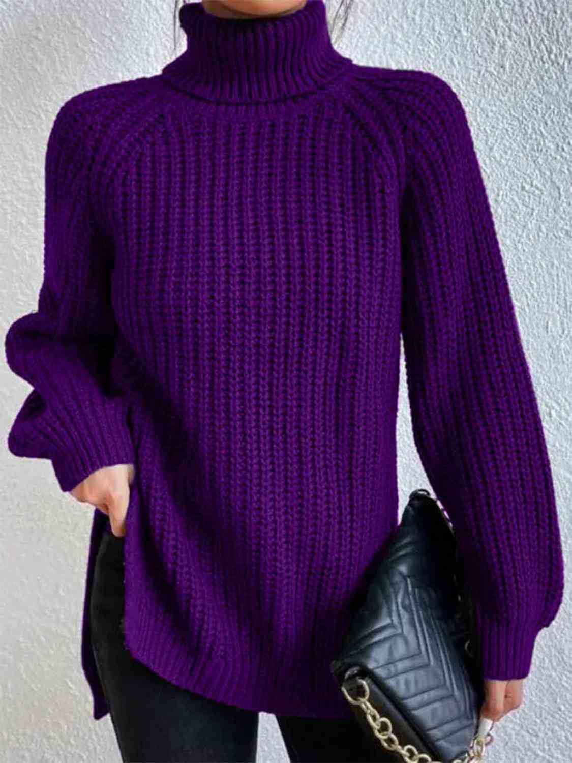 Pull Fendu À Col Roulé En Maille Côtelée Pour Femmes – Tricot Chic Automne/Hiver