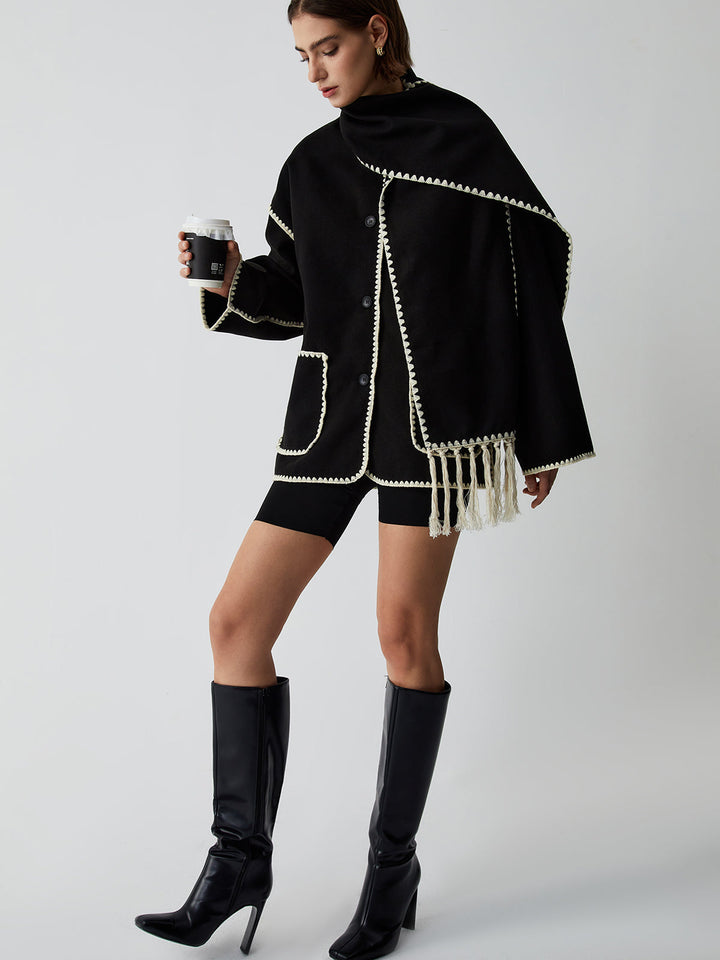 Veste À Bordures Contrastées Avec Écharpe Assortie Pour Femme – Manteau Élégant Automne Hiver