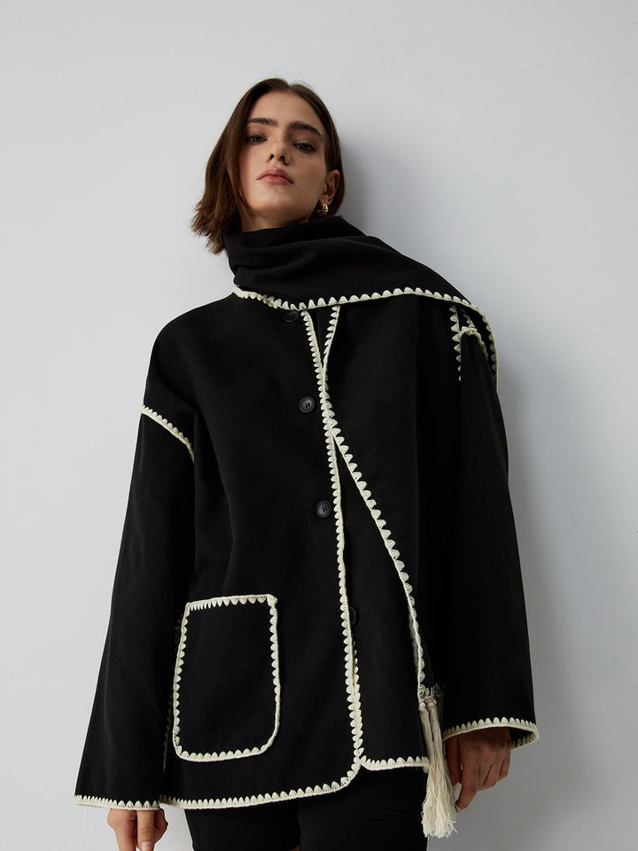 Veste À Bordures Contrastées Avec Écharpe Assortie Pour Femme – Manteau Élégant Automne Hiver