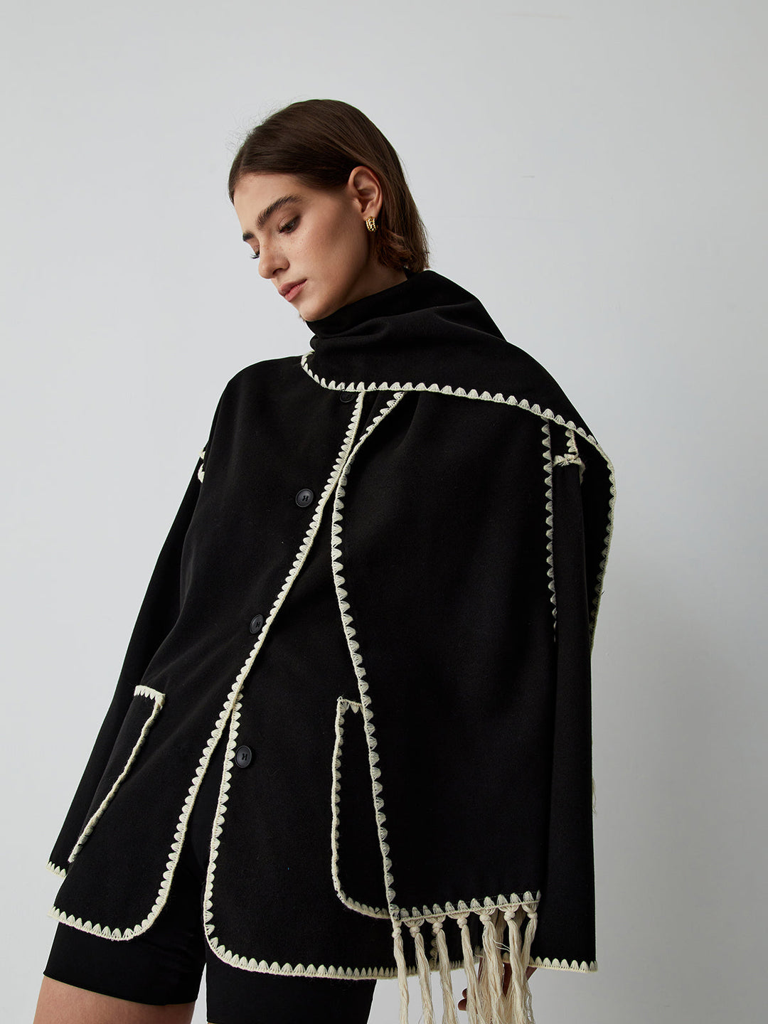 Veste À Bordures Contrastées Avec Écharpe Assortie Pour Femme – Manteau Élégant Automne Hiver