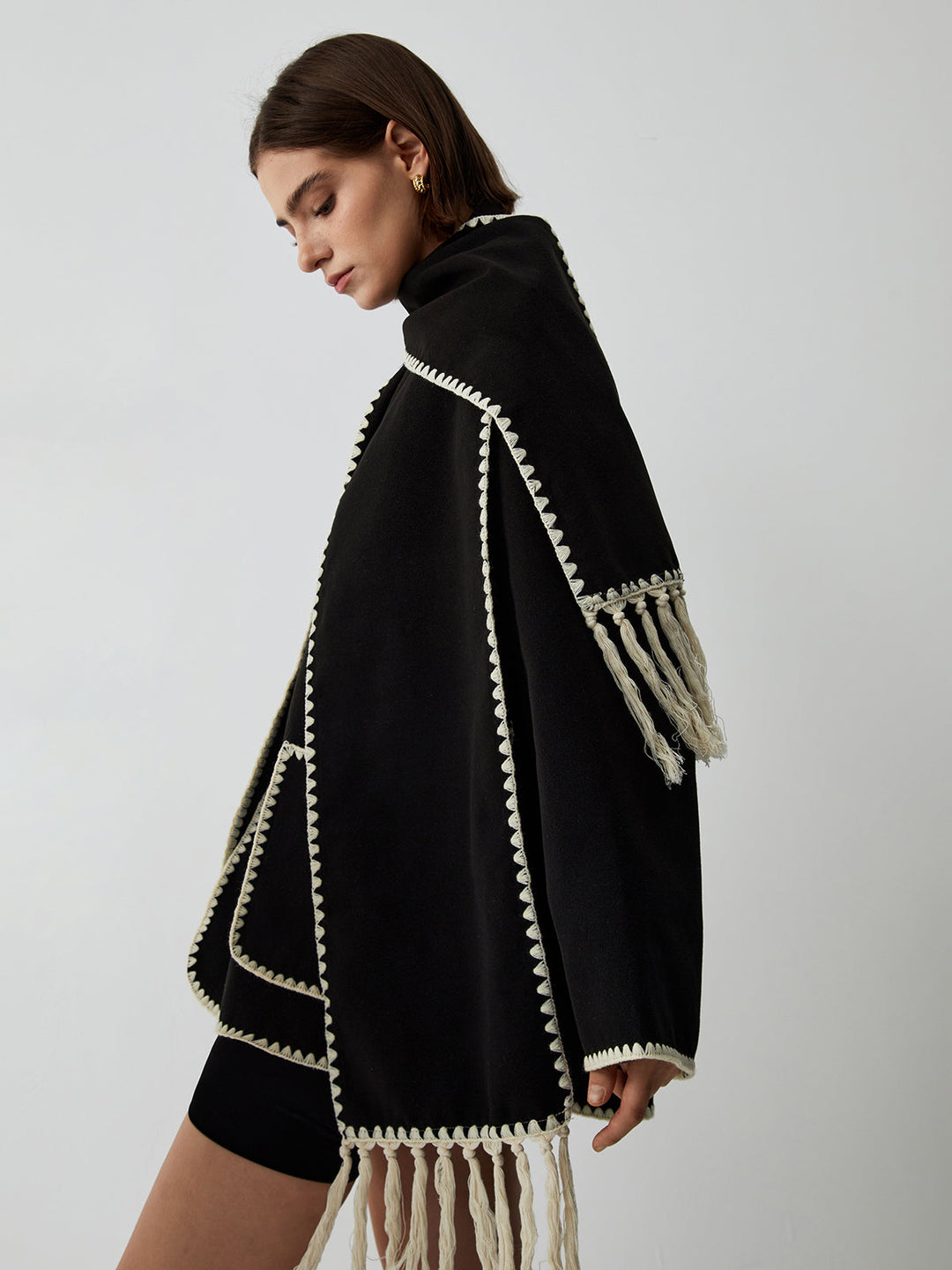 Veste À Bordures Contrastées Avec Écharpe Assortie Pour Femme – Manteau Élégant Automne Hiver