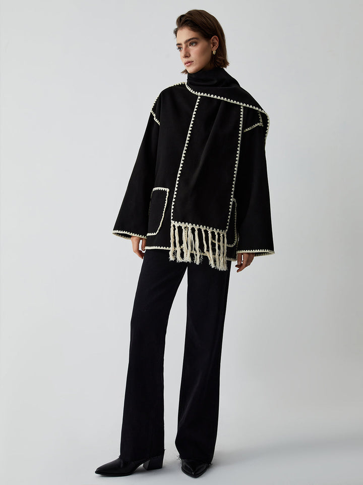 Veste À Bordures Contrastées Avec Écharpe Assortie Pour Femme – Manteau Élégant Automne Hiver