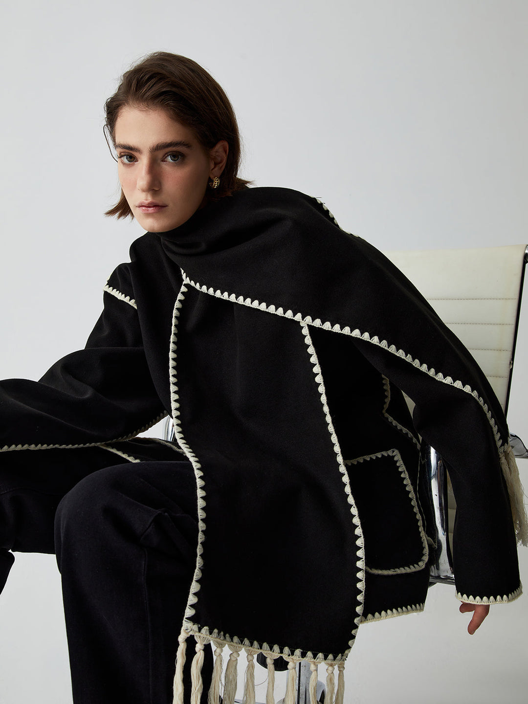 Veste À Bordures Contrastées Avec Écharpe Assortie Pour Femme – Manteau Élégant Automne Hiver