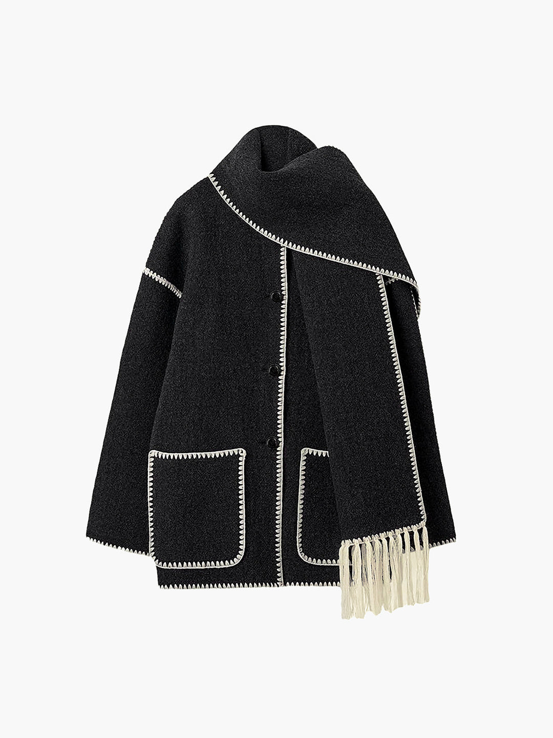 Veste À Bordures Contrastées Avec Écharpe Assortie Pour Femme – Manteau Élégant Automne Hiver