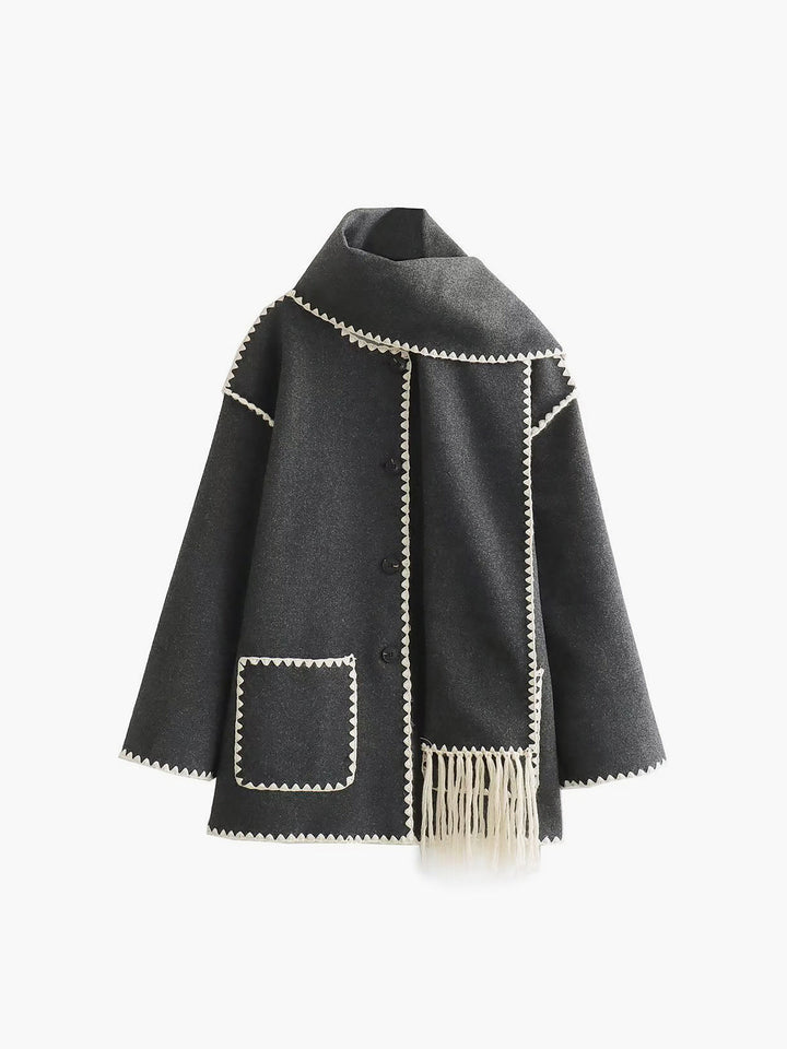 Veste À Bordures Contrastées Avec Écharpe Assortie Pour Femme – Manteau Élégant Automne Hiver