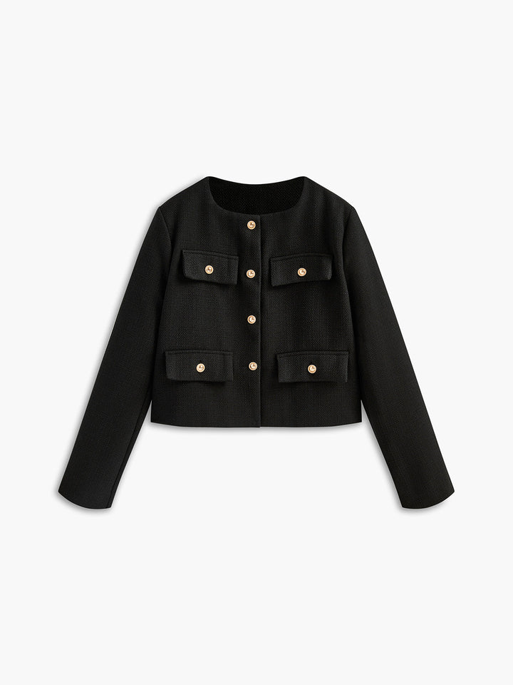 Veste Courte Noire | Boutons Dorés | Élégance Moderne