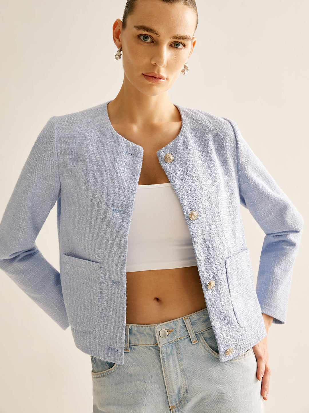 Veste Légère en Coton Bleu Clair | Coupe Droite | Élégance Décontractée