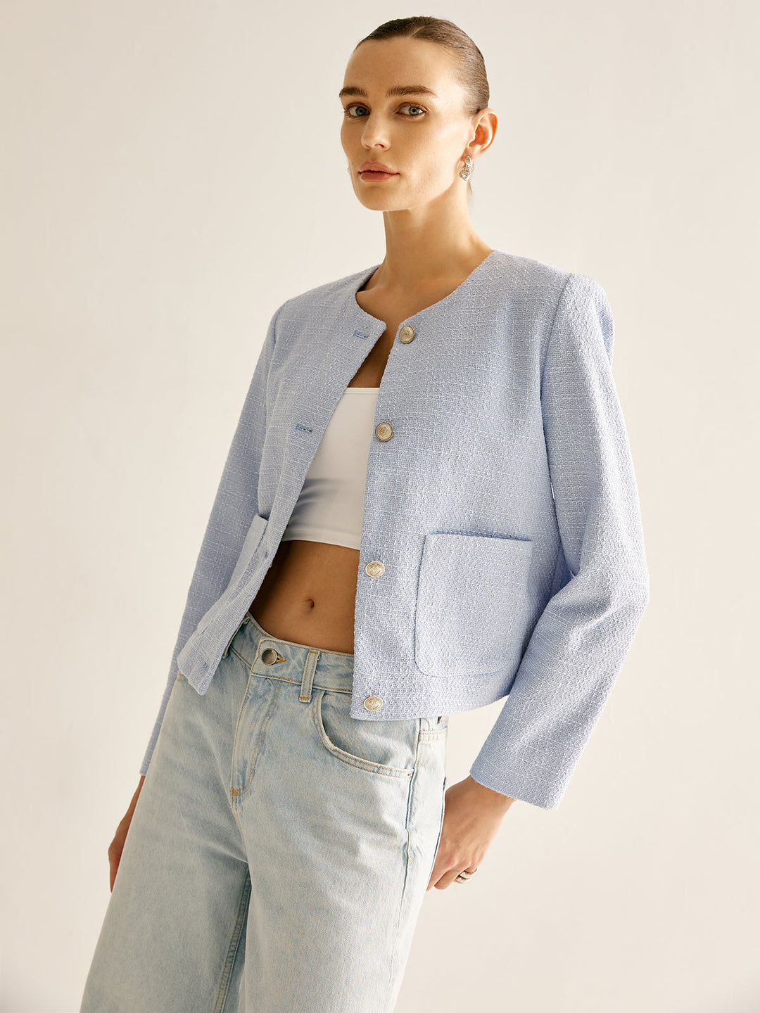 Veste Légère en Coton Bleu Clair | Coupe Droite | Élégance Décontractée