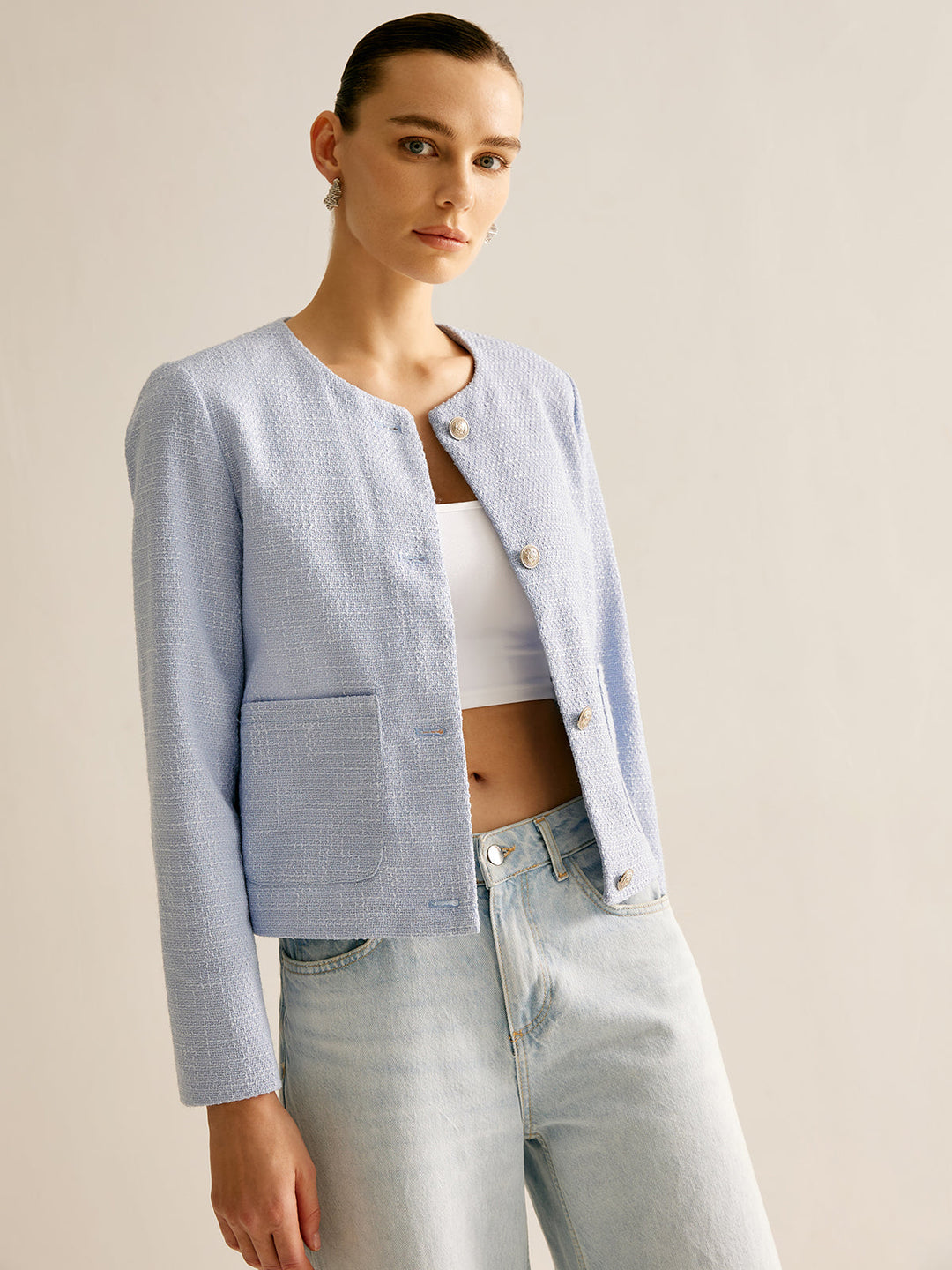 Veste Légère en Coton Bleu Clair | Coupe Droite | Élégance Décontractée