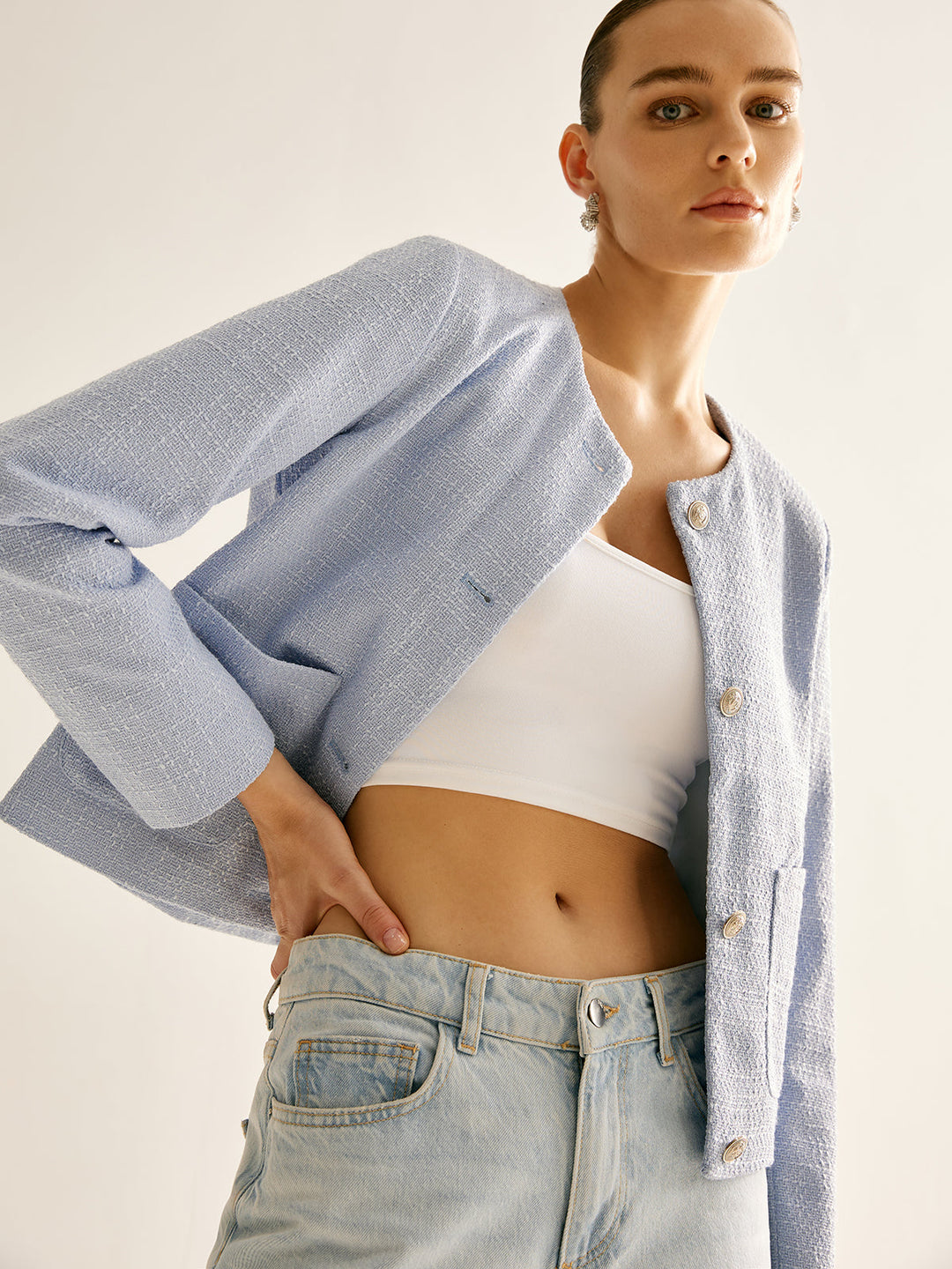 Veste Légère en Coton Bleu Clair | Coupe Droite | Élégance Décontractée