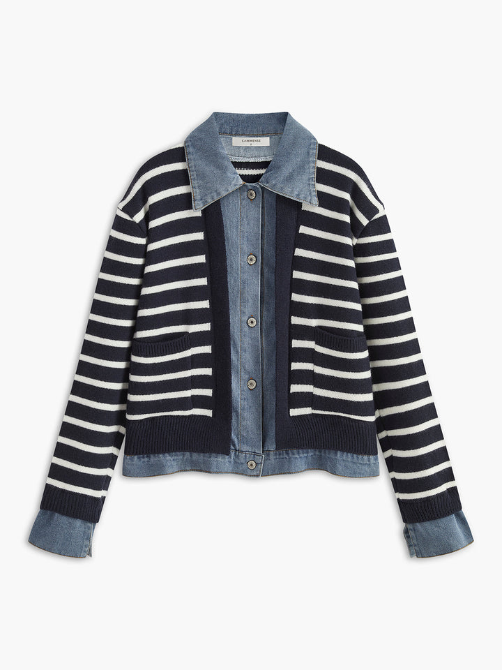 Veste Hybride Denim et Tricot | Rayures Marines | Élégance Décontractée