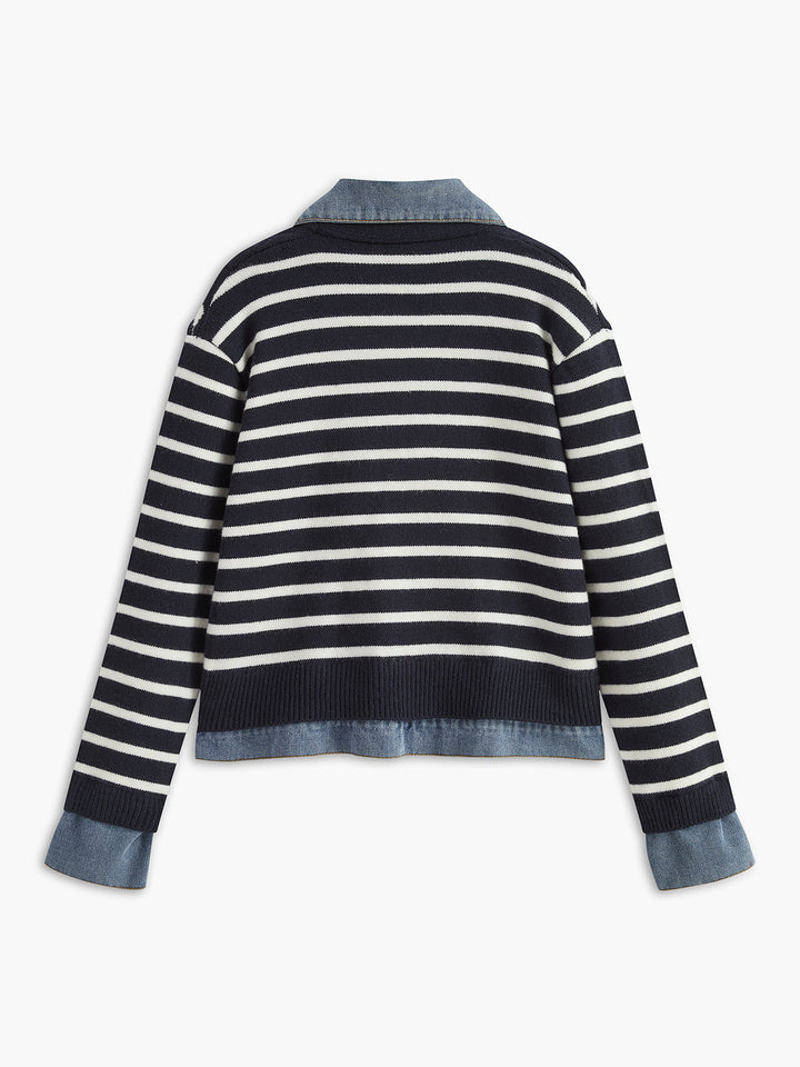 Veste Hybride Denim et Tricot | Rayures Marines | Élégance Décontractée