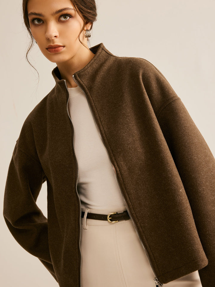 Veste Courte Col Montant | Marron Foncé | Élégance Minimaliste