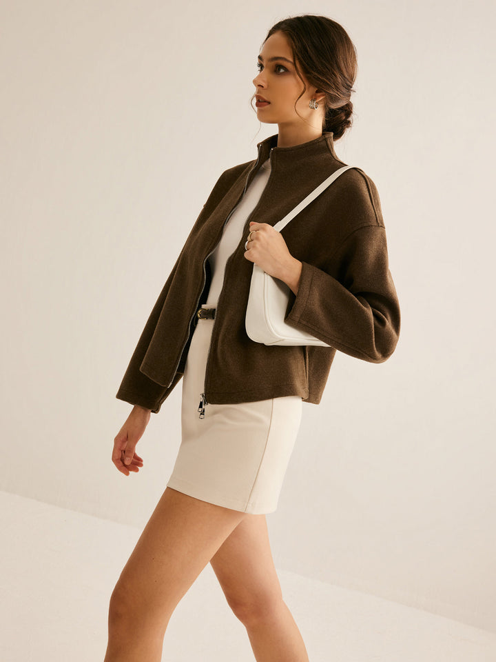 Veste Courte Col Montant | Marron Foncé | Élégance Minimaliste