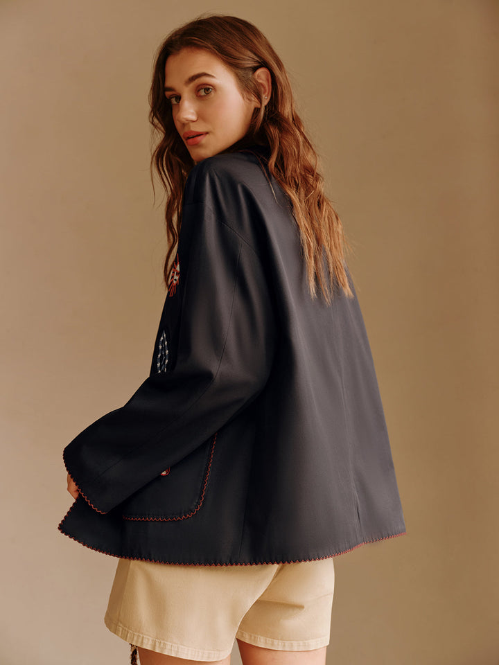 Veste Noire Brodée | Motifs Célestes | Élégance Artistique