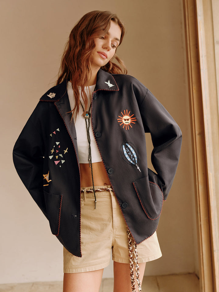 Veste Noire Brodée | Motifs Célestes | Élégance Artistique