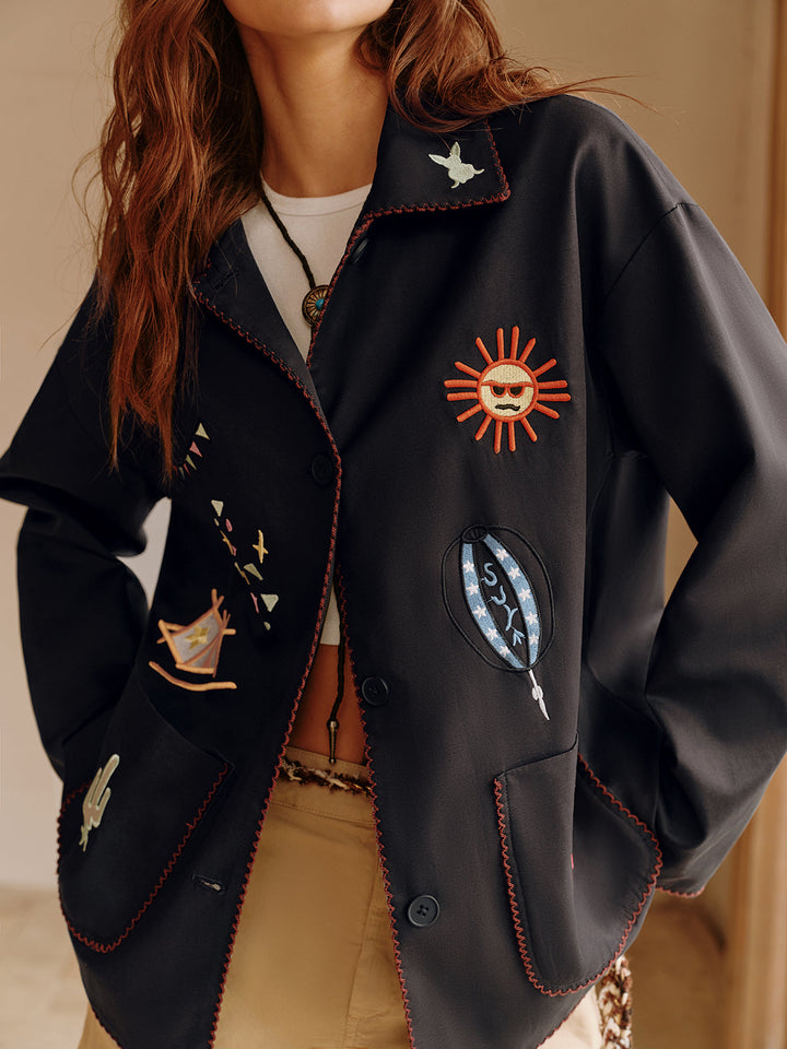 Veste Noire Brodée | Motifs Célestes | Élégance Artistique