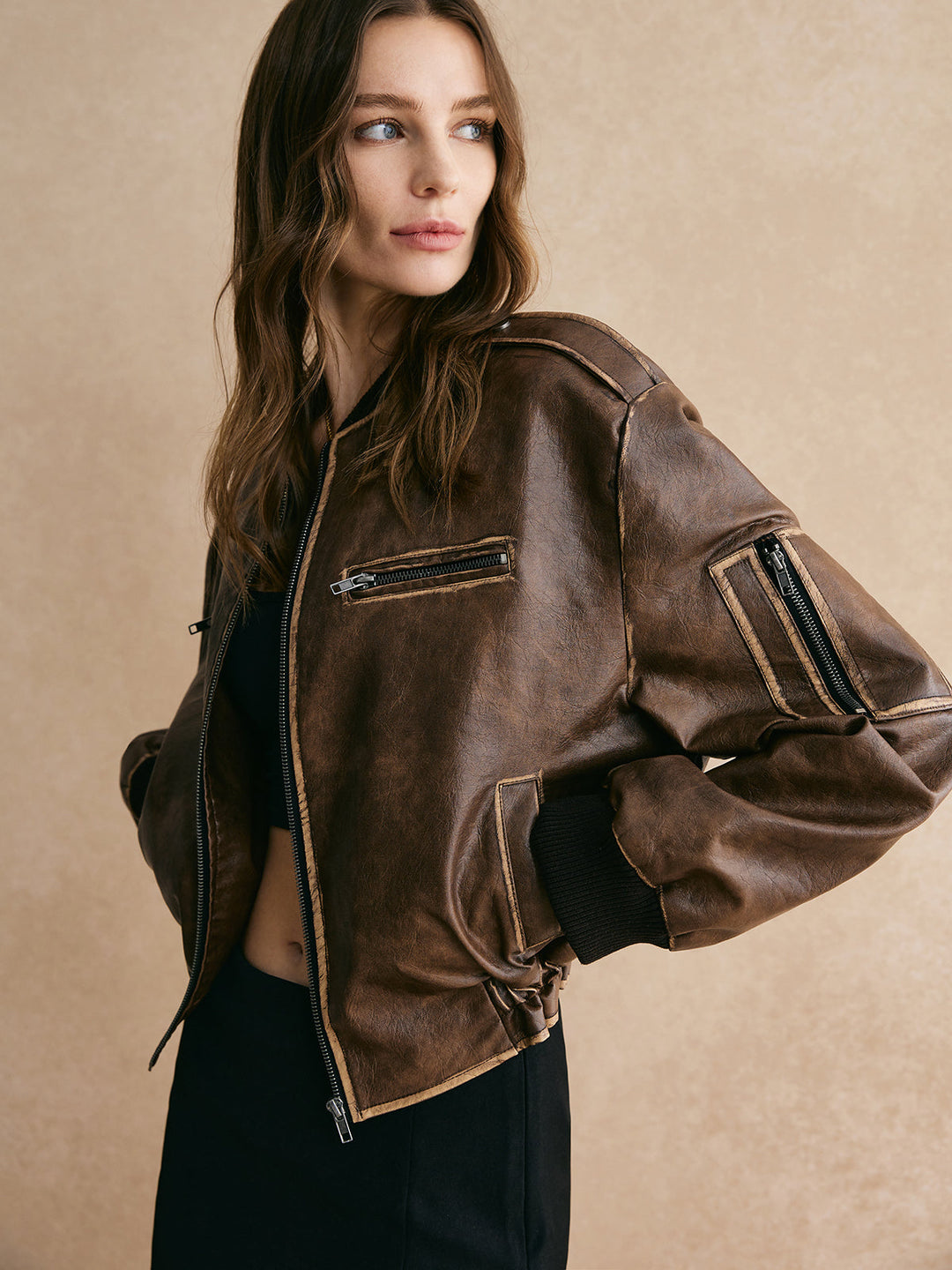 Veste Bomber en Cuir | Marron | Design Moderne