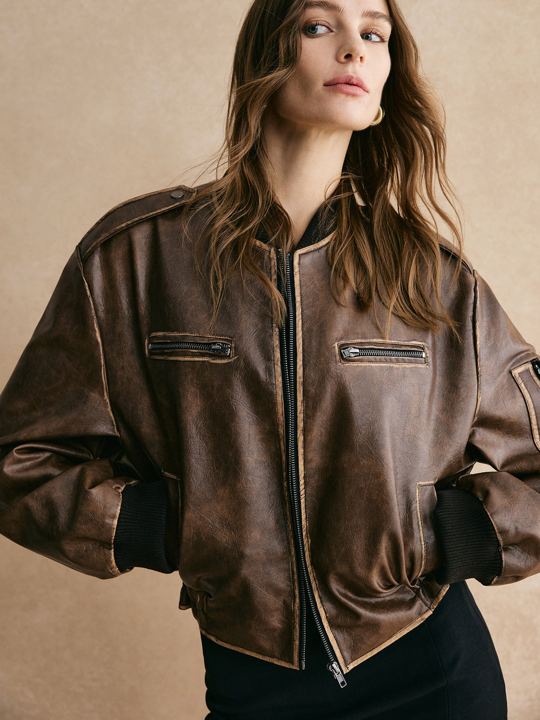 Veste Bomber en Cuir | Marron | Design Moderne