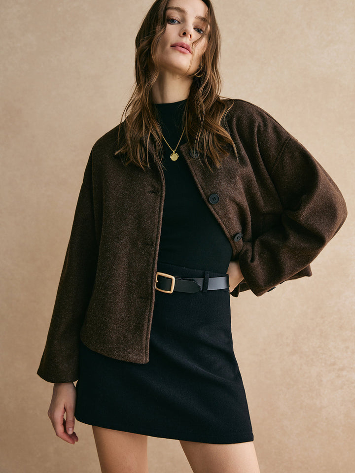 Veste Cape Marron | Mélange de Laine | Coupe Ample Élégante