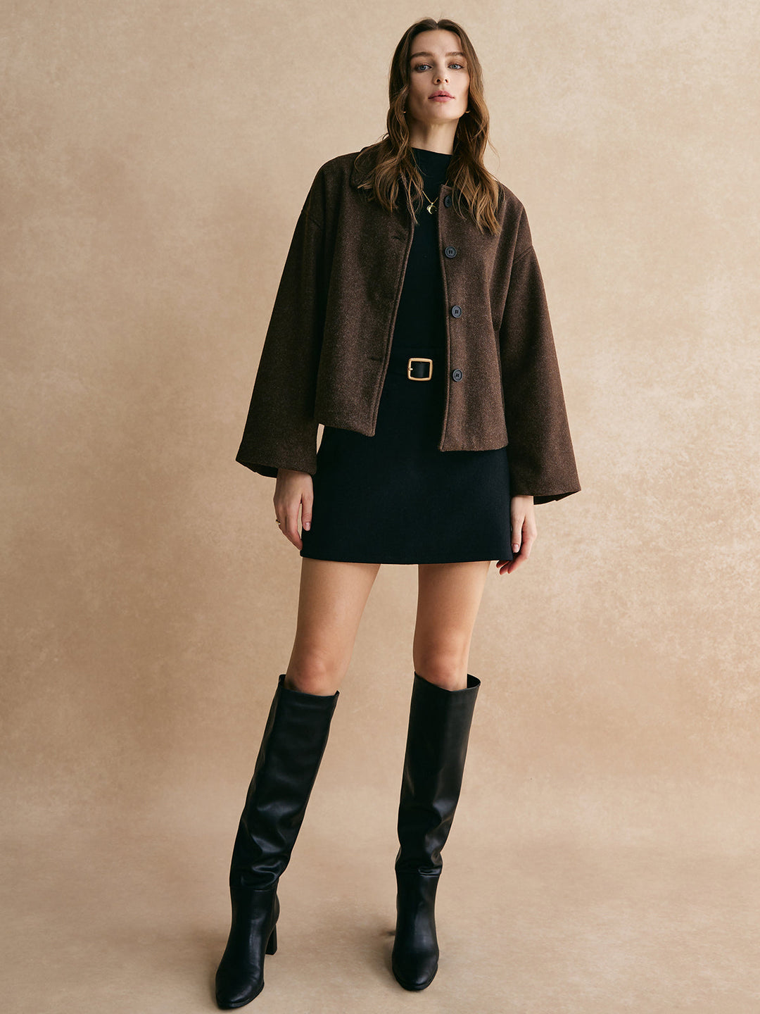 Veste Cape Marron | Mélange de Laine | Coupe Ample Élégante